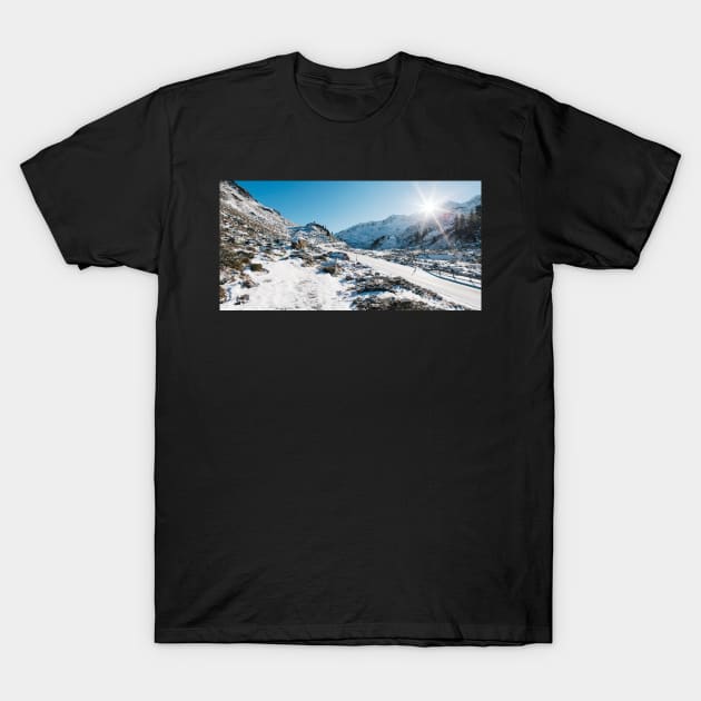 Swiss Alps - Flüelapass Mountain Pass Panorama on Sunny Winter Day T-Shirt by visualspectrum